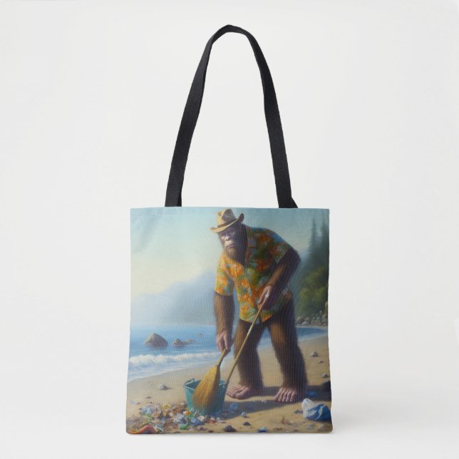 Bigfoot Cleaning the Beach Tote Bag (Front)