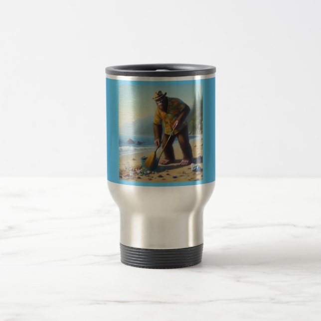 Bigfoot Cleaning the Beach Travel Mug (Center)