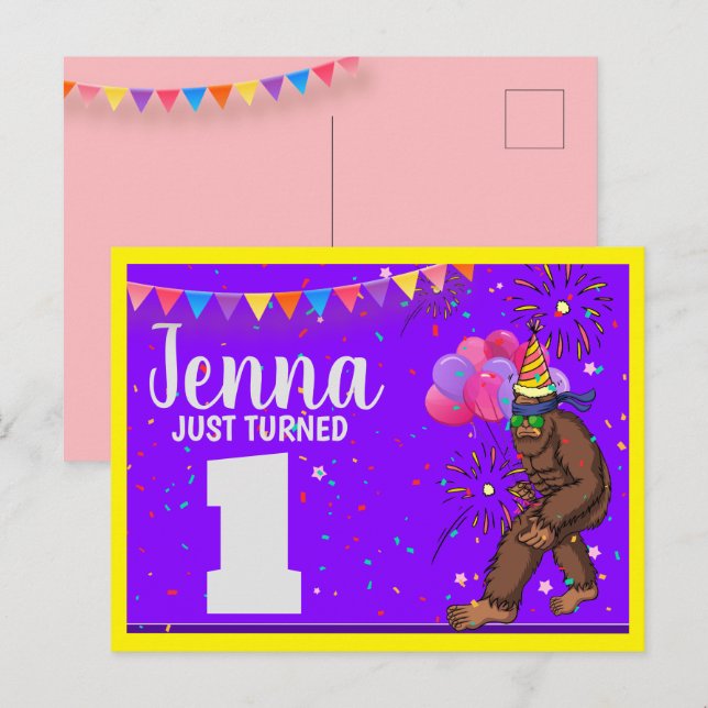 Bigfoot cute kids birthday card personalise age (Front/Back)