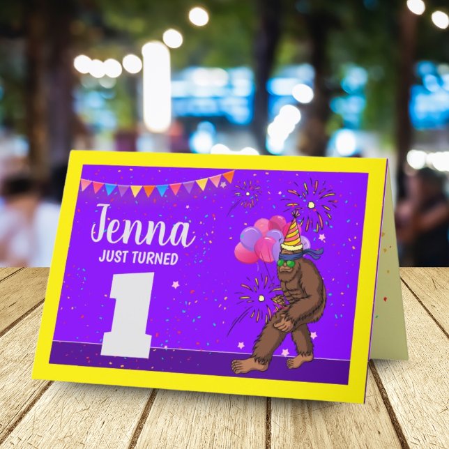 Bigfoot cute kids birthday card personalise age (Creator Uploaded)