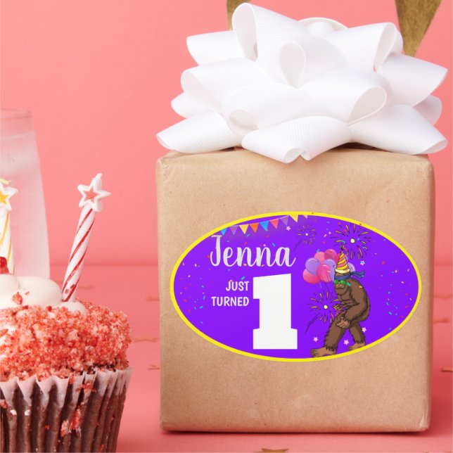 Bigfoot cute kids birthday card personalise age oval sticker (Party)