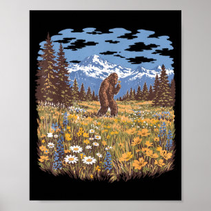Bigfoot daisy flower vintage sasquatch forest poster