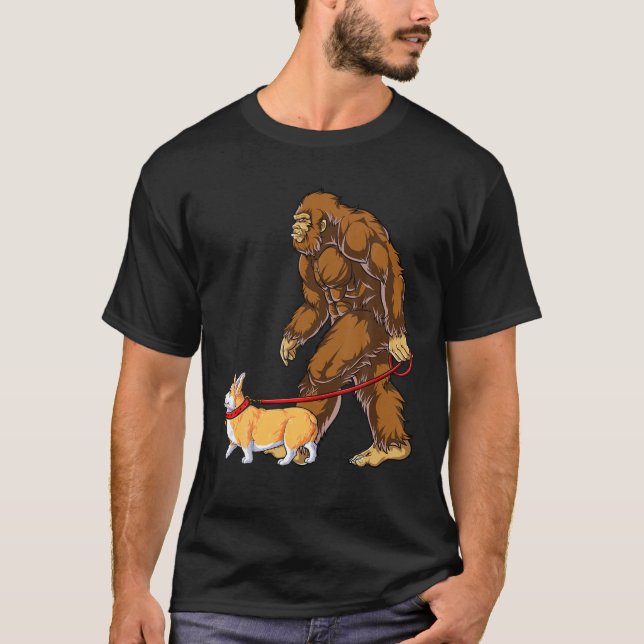 Bigfoot Dog Walk Corgi Boys Kids Men Sasquatch Lov T-Shirt (Front)