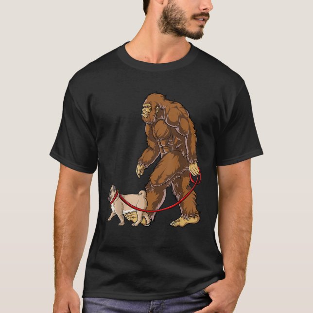 Bigfoot Dog Walk Pug Men Women Sasquatch Lover Gif T-Shirt (Front)