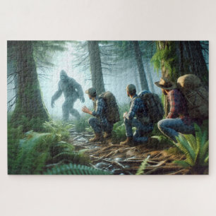 Bigfoot Encounter with hikers, Forested Backdrop Jigsaw Puzzle