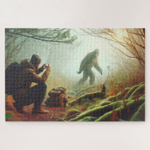 Bigfoot Encounter with hikers, Forested Backdrop Jigsaw Puzzle