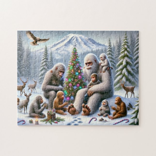 Bigfoot Family Christmas by Mt. Rainier Jigsaw Puzzle (Horizontal)