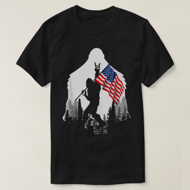 Bigfoot Fireworks 4th Of July American Flag Sasqua T-Shirt (Design Front)