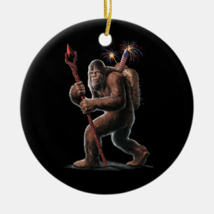 Bigfoot Fireworks 4th of July Usa Flag Sasquatch Ceramic Tree Decoration