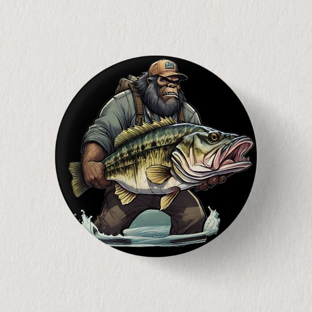 Bigfoot Fishing Bass Fish  Sasquatch Yeti in Lake  3 Cm Round Badge (Front)
