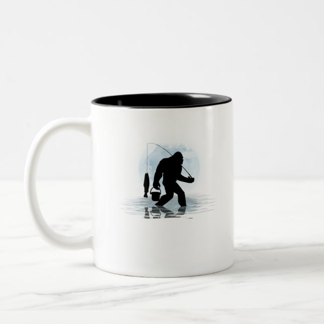 Bigfoot Fishing-Bigfoot Fishing Funny Sasquatch Two-Tone Coffee Mug (Left)