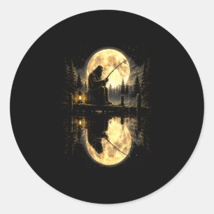 Bigfoot fishing full moon lake reflection outdoor classic round sticker