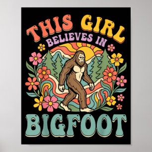 Bigfoot girl believes forest floral sunset poster