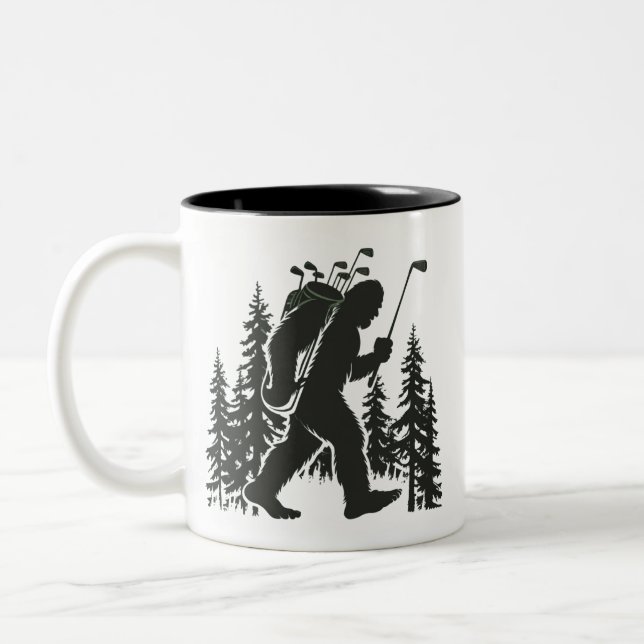 Bigfoot Golfer Tree Funny Sasquatch Golfing Golf Two-Tone Coffee Mug (Left)