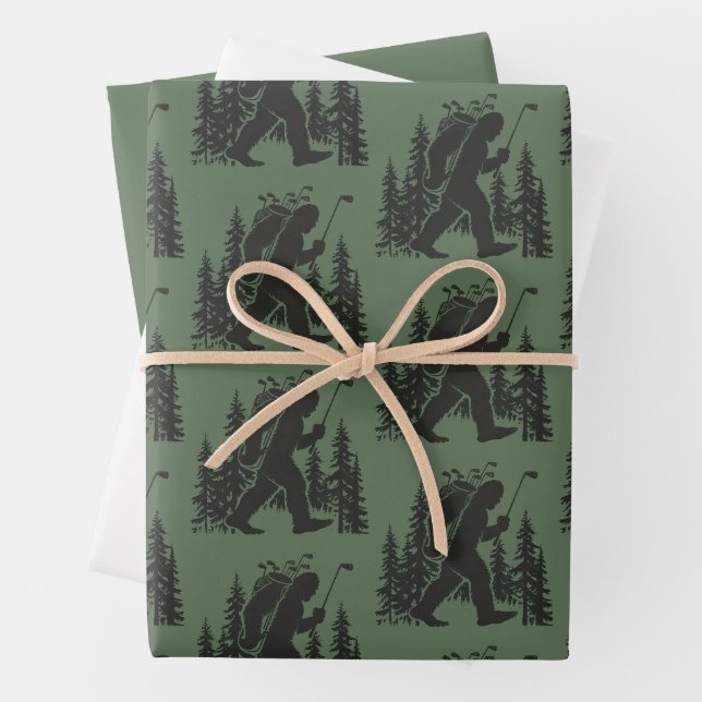 Bigfoot Golfer Tree Funny Sasquatch Golfing Golf Wrapping Paper Sheet (In situ)