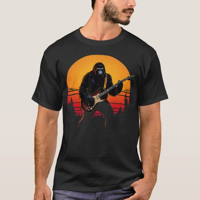 Bigfoot Guitarist Art Retro Sasquatch Playing Guit T-Shirt (Front)