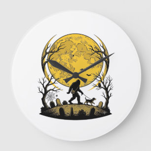 Bigfoot Halloween Shirt Full Moon Dog Walk_1 Large Clock