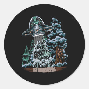 Bigfoot Hiding From Alien In A UFO Behind A Tree F Classic Round Sticker