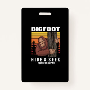 bigfoot hiding in a tree retro ID badge