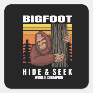 bigfoot hiding in a tree retro square sticker