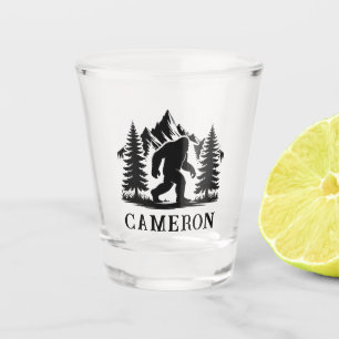 Bigfoot Hiker with Trees and Mountains Monogram  Shot Glass