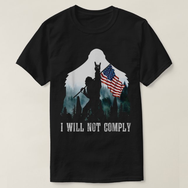 Bigfoot Holding American Flag Design T-Shirt (Design Front)
