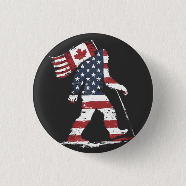 Bigfoot Holding Canada Flag 51st State Trump  3 Cm Round Badge (Front)