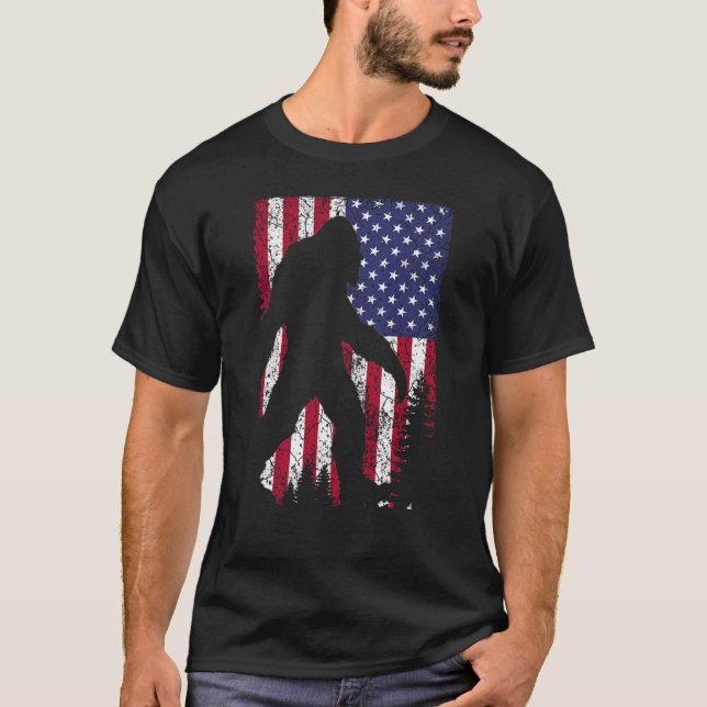 Bigfoot I Believe Sasquatch American USA Flag  T-Shirt (Front)