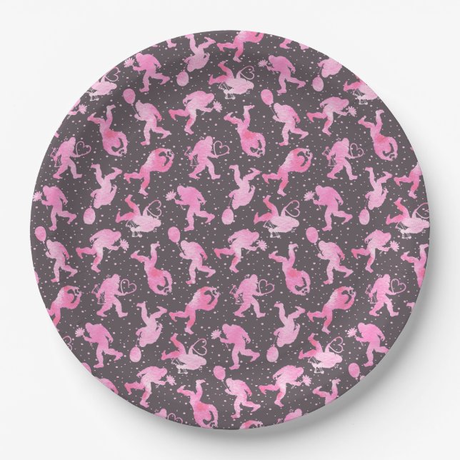 Bigfoot in Love Valentine in Pink and Grey  Paper Plate (Front)