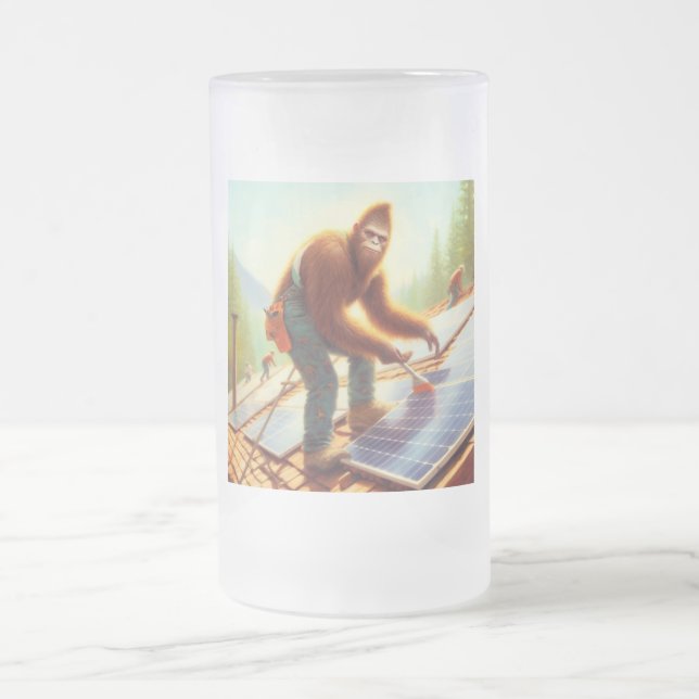 Bigfoot Installing Solar Panels Frosted Glass Beer Mug (Center)