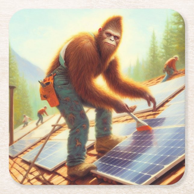 Bigfoot Installing Solar Panels Square Paper Coaster (Front)