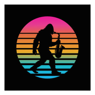 Bigfoot Jazz Saxophone Retro Sunset Design Glossy Poster