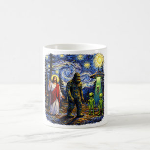 Bigfoot Jesus Aliens Starry Night — Sasquatch Van Coffee Mug