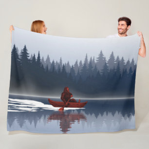 Bigfoot Lake Canoe Wilderness Pine Forest Fleece Blanket