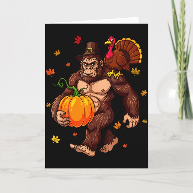 Bigfoot Lgrim Turkey Pumpkin Thanksgiving Day Boys Card (Front)