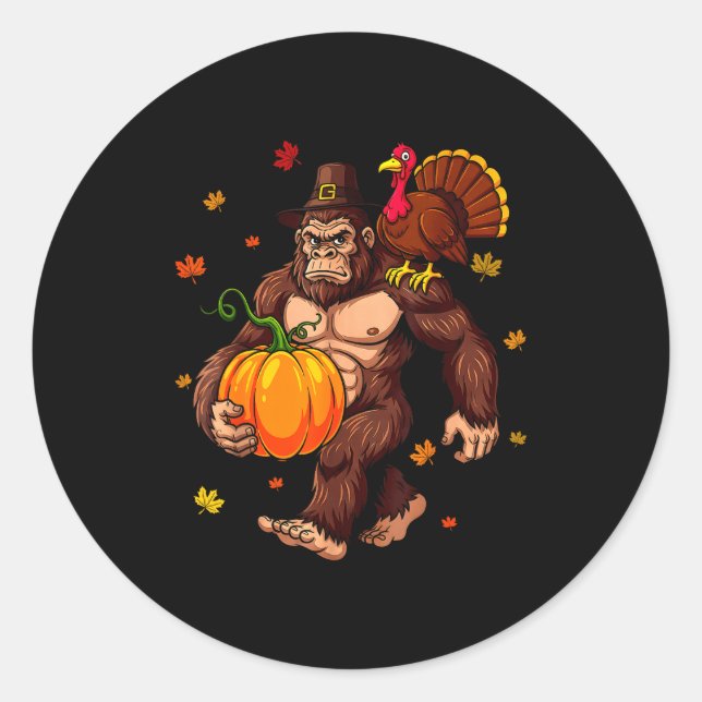 Bigfoot Lgrim Turkey Pumpkin Thanksgiving Day Boys Classic Round Sticker (Front)