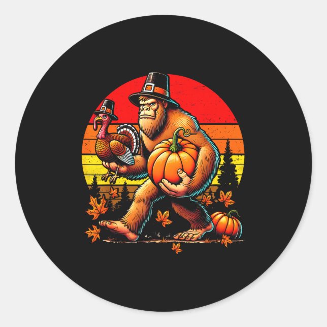 Bigfoot Lgrim Turkey Pumpkin Thanksgiving Day Boys Classic Round Sticker (Front)