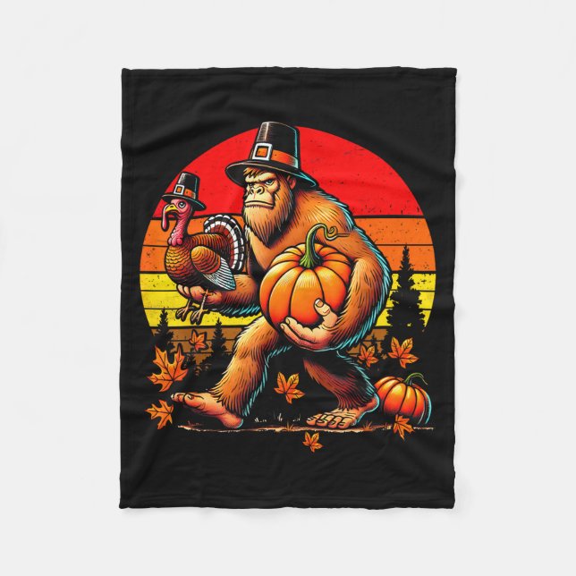 Bigfoot Lgrim Turkey Pumpkin Thanksgiving Day Boys Fleece Blanket (Front)