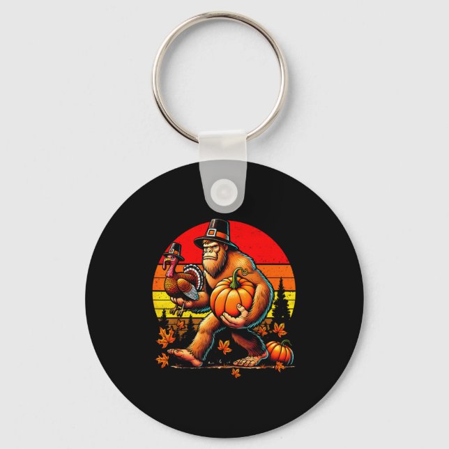 Bigfoot Lgrim Turkey Pumpkin Thanksgiving Day Boys Key Ring (Front)