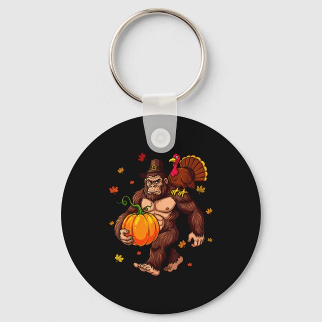 Bigfoot Lgrim Turkey Pumpkin Thanksgiving Day Boys Key Ring (Front)