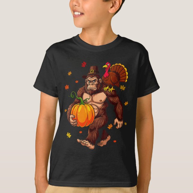 Bigfoot Lgrim Turkey Pumpkin Thanksgiving Day Boys T-Shirt (Front)
