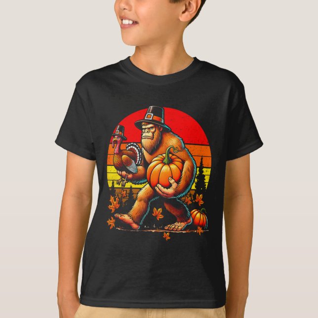 Bigfoot Lgrim Turkey Pumpkin Thanksgiving Day Boys T-Shirt (Front)