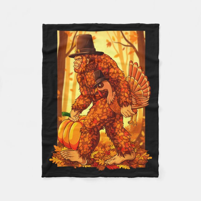 Bigfoot Lgrim Turkey Pumpkin Thanksgiving Day Funn Fleece Blanket (Front)