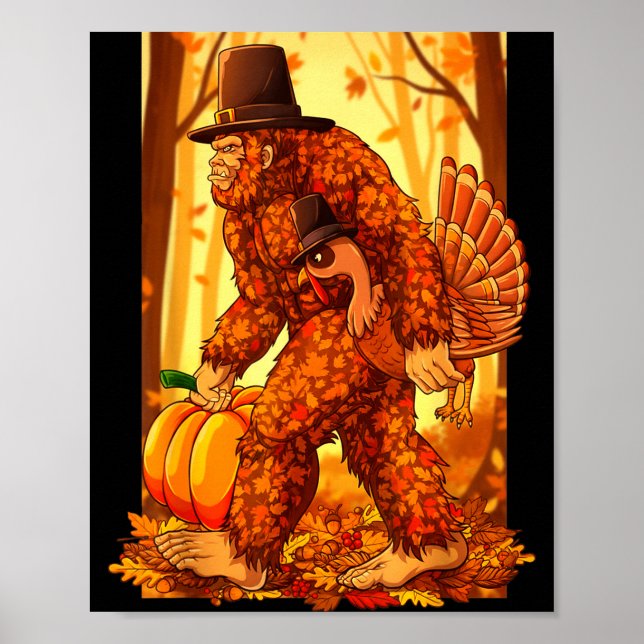 Bigfoot Lgrim Turkey Pumpkin Thanksgiving Day Funn Poster (Front)
