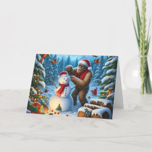 Bigfoot Making Snowman Christmas Holiday Card