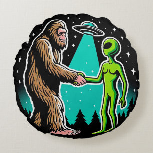 Bigfoot Meets Alien Round Cushion