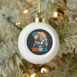 Bigfoot Merica Rock American Flag Ceramic Ball Christmas Ornament