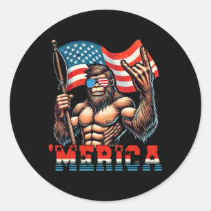 Bigfoot Merica Rock American Flag Patriotic 4th Of Classic Round Sticker