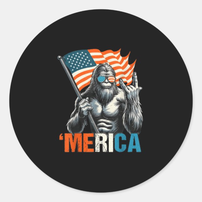 Bigfoot Merica Rock American Flag Patriotic 4th Of Classic Round Sticker (Front)