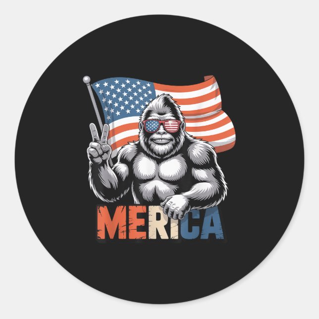 Bigfoot Merica Rock American Flag Patriotic 4th Of Classic Round Sticker (Front)